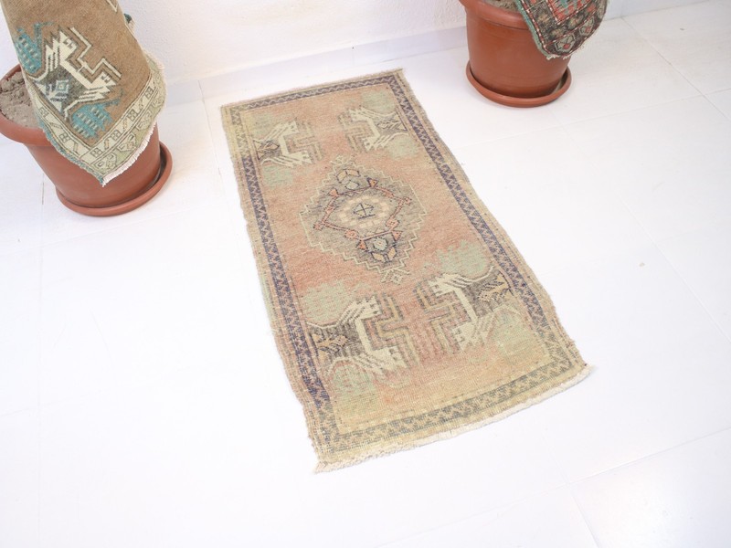 Vintage Turkish Door Mat 1.8x3.7 ft | Handmade Wool Tribal Accent Rug | 55x113 gallery