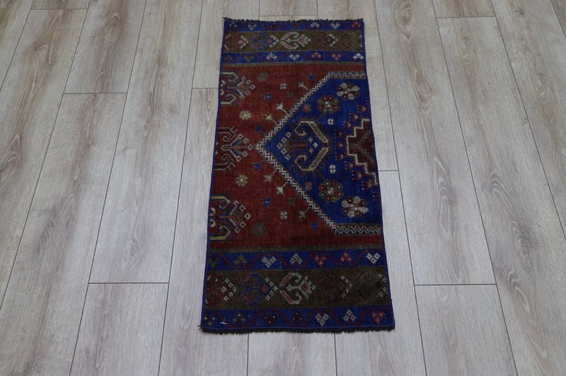 Blue Small Carpet Turkish Handwoven Oriental Cut Rug Wool Foyer Doormat 2x3ft gallery