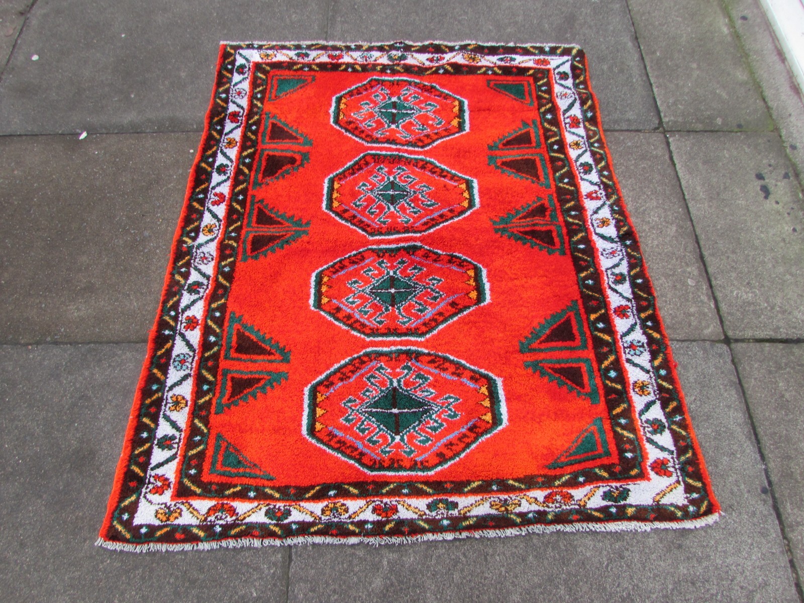 Vintage Hand Made Traditional Rug Oriental Cotton Orange Red Small Rug 126x110cm gallery