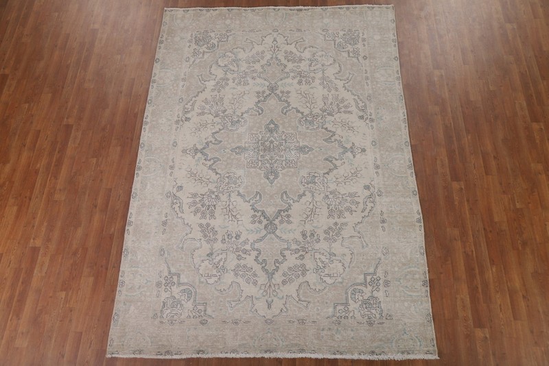 Hand-Knotted Distressed Beige Wool Carpet Vintage Traditional Area Rug 7x9 Ft gallery