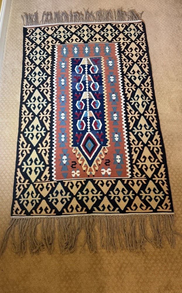 Vintage Turkish Kilim Flat Weave Rug Runner Geometric Tribal Wool Fringe Handmad