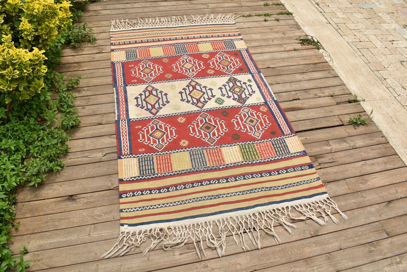 Turkish Vintage Kilim Handwoven 3x5 Cicim Kilim Natural Wool Area Rug 105x180cm gallery