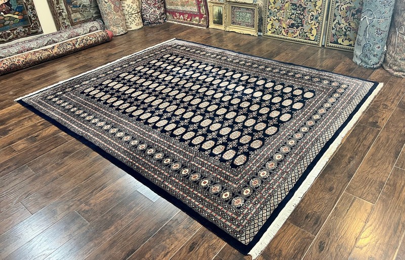 Pakistani Bokhara Rug 8x10 Turkoman Carpet Dark Blue Beige Vintage Handmade Wool gallery