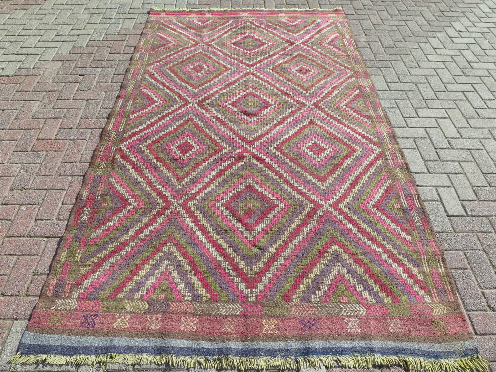 Multicolor Anatolian Vintage Carpet, Diamond Pattern Boho Large Kelim 69"x121" gallery
