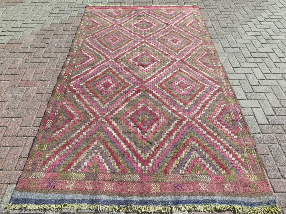 Multicolor Anatolian Vintage Carpet, Diamond Pattern Boho Large Kelim 69"x121"