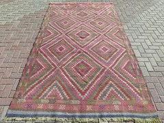 Multicolor Anatolian Vintage Carpet, Diamond Pattern Boho Large Kelim 69″x121″