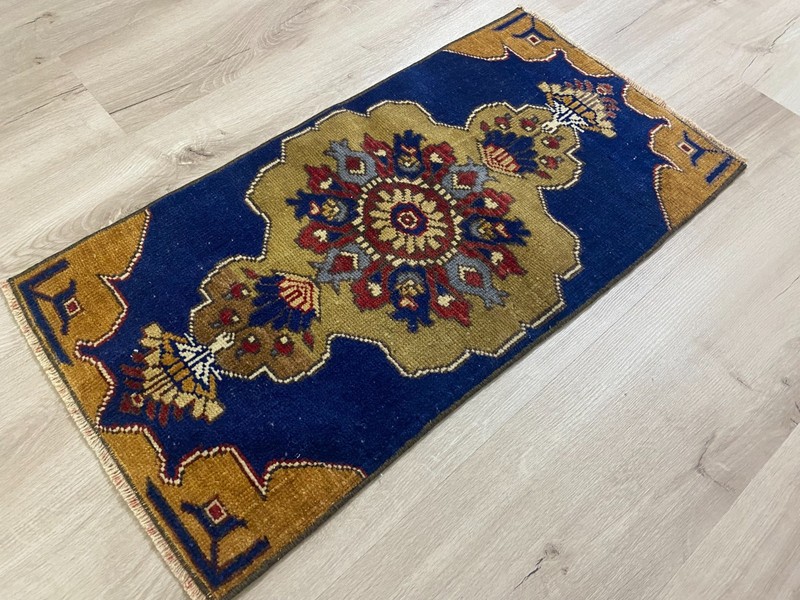 Vintage Turkish Hand Knotted Wool Runner Rug 1.3x2.6 Ft Blue Anatolian Rug gallery