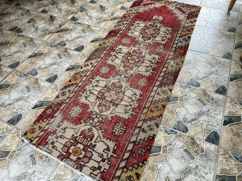 Vintage Rug | Wool Runner Antique Farmhouse Anatolian Handmade Turkish Rug 2x7ft gallery