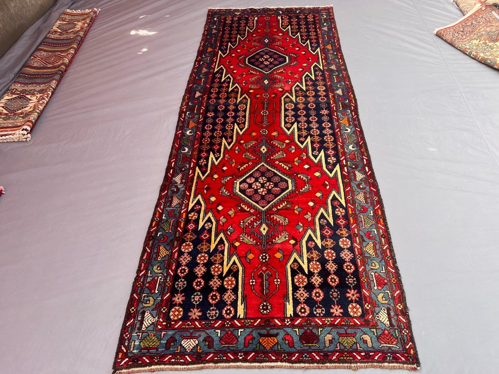3'8x10'2ft Vintage Caucasian Hand Knotted Wool Double Hexagonal Medallion Runner