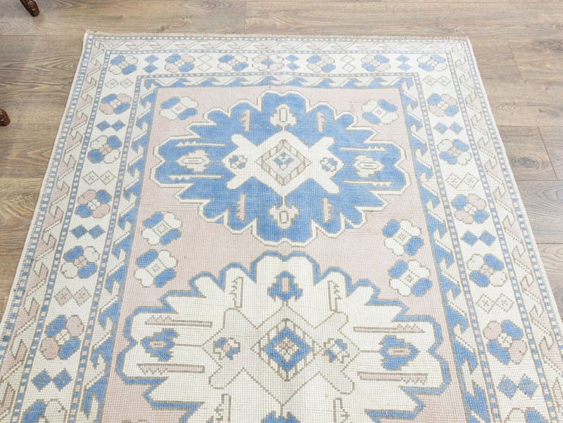 Modern Turkish Oushak Pink Blue Vintage Area Rug 4.2x6.6 ft Handmade Wool Carpet gallery