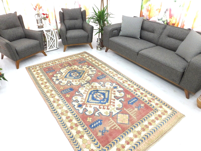 Red Faded Turkish Vintage Living Room Carpet, 5x8.7ft, Antique Handmade Rug, gallery