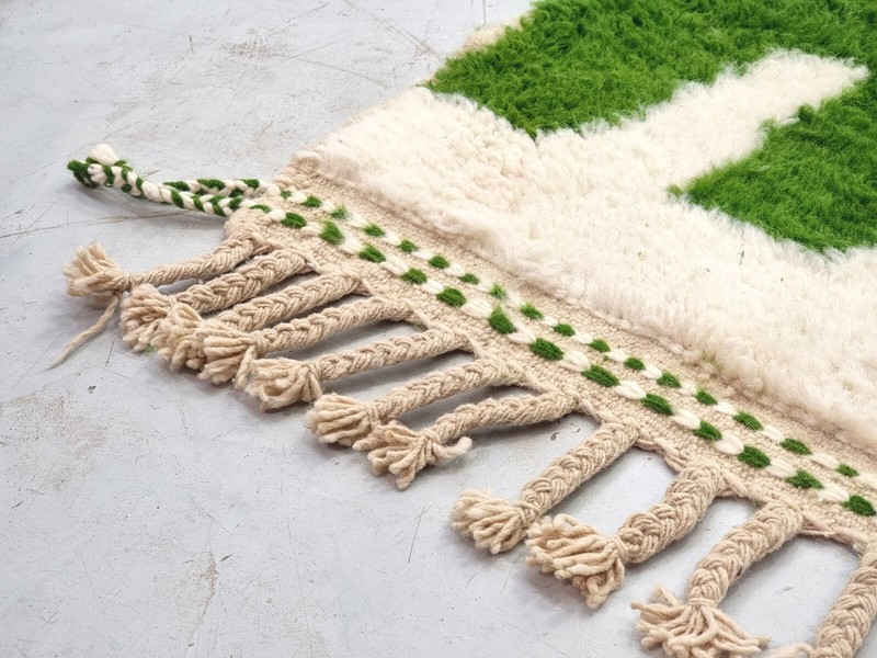 Moroccan Handmade Beniourain Rug 2'2x12 Berber Abstract Green &White Wool Runner gallery