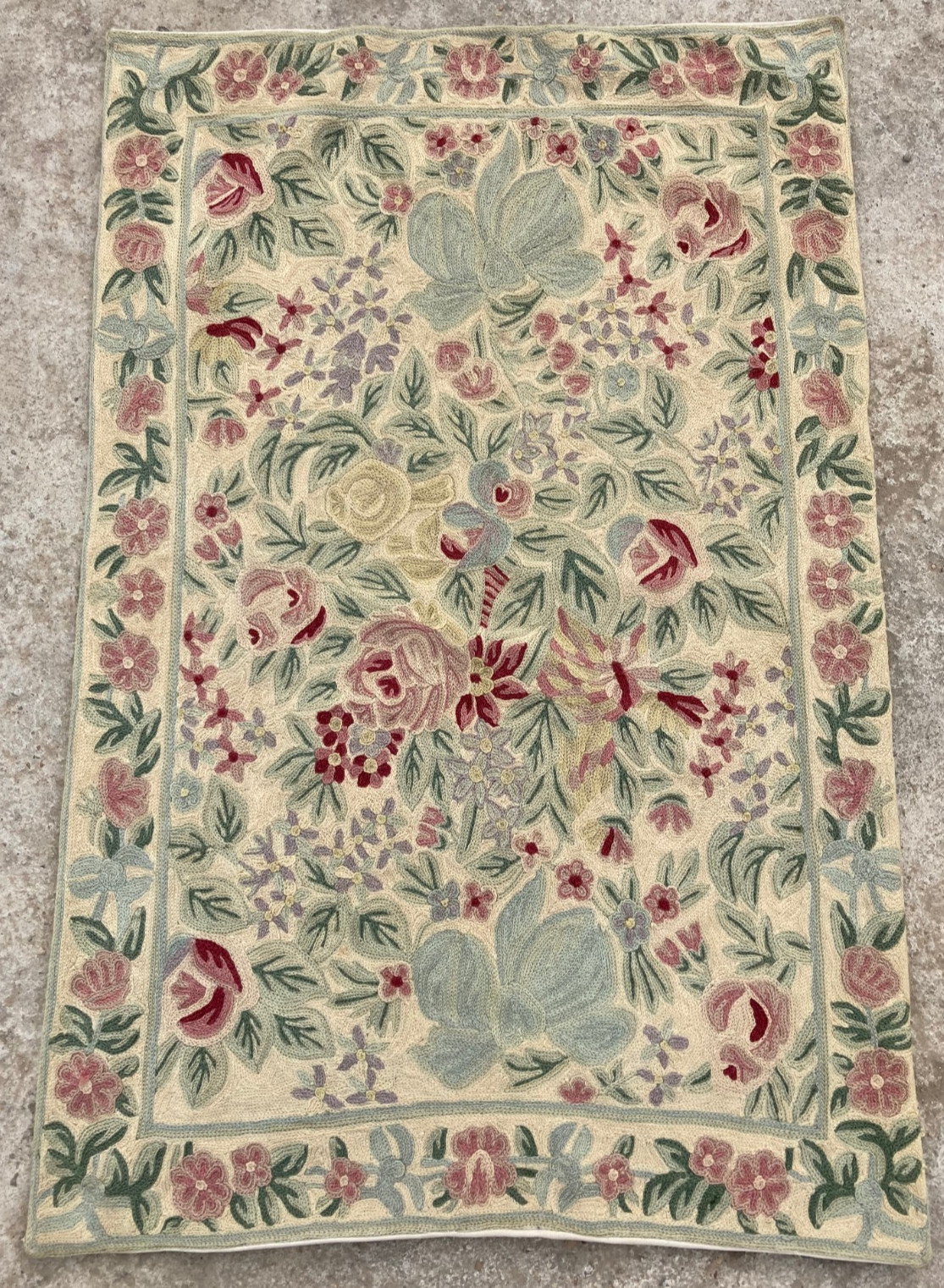 Vintage Handmade Kashmir French Floral Wool Chain Stitch Rug 90x59 cm gallery