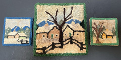 THREE Miniature Antique/Vintage Primitive Folk Art Hooked Rug Mats Winter Scenes