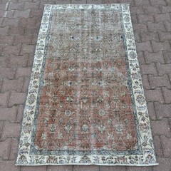 4×6 Faded Terracotta Ivory Wool Vintage Turkish Floral Handmade Rug-Tariff Free