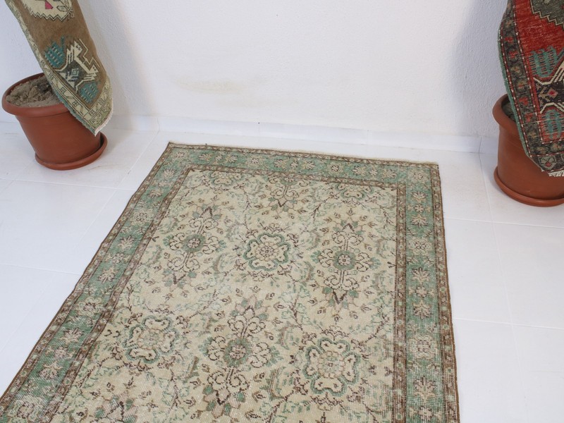 4x7 Turkish Handmade Area Rug Beige Green Floral 3.6x6.6 ft gallery