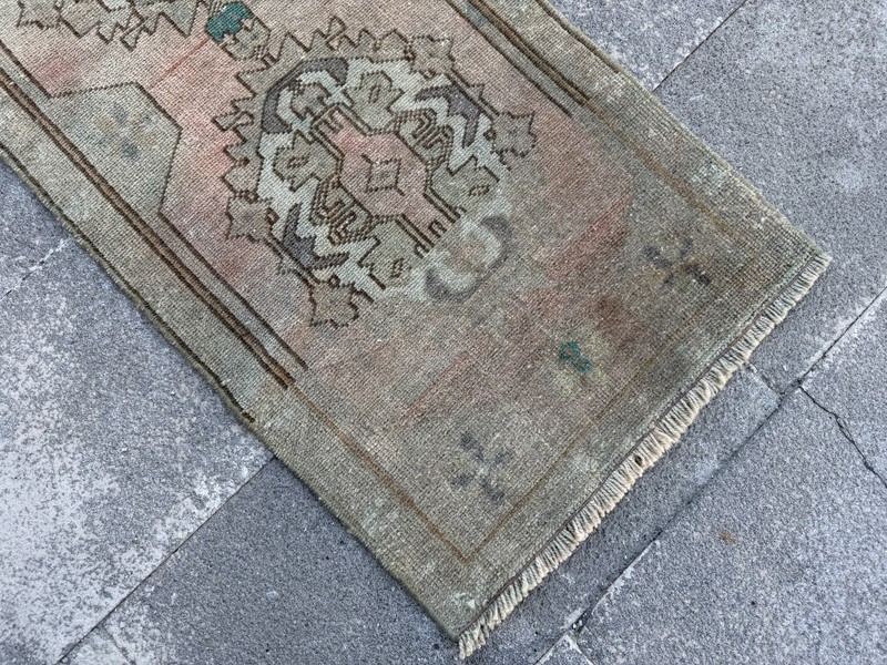 One of a Kind Turkish Rug 1.6x3.9 Ft Handmade Wool Vintage Green Accent Rug gallery