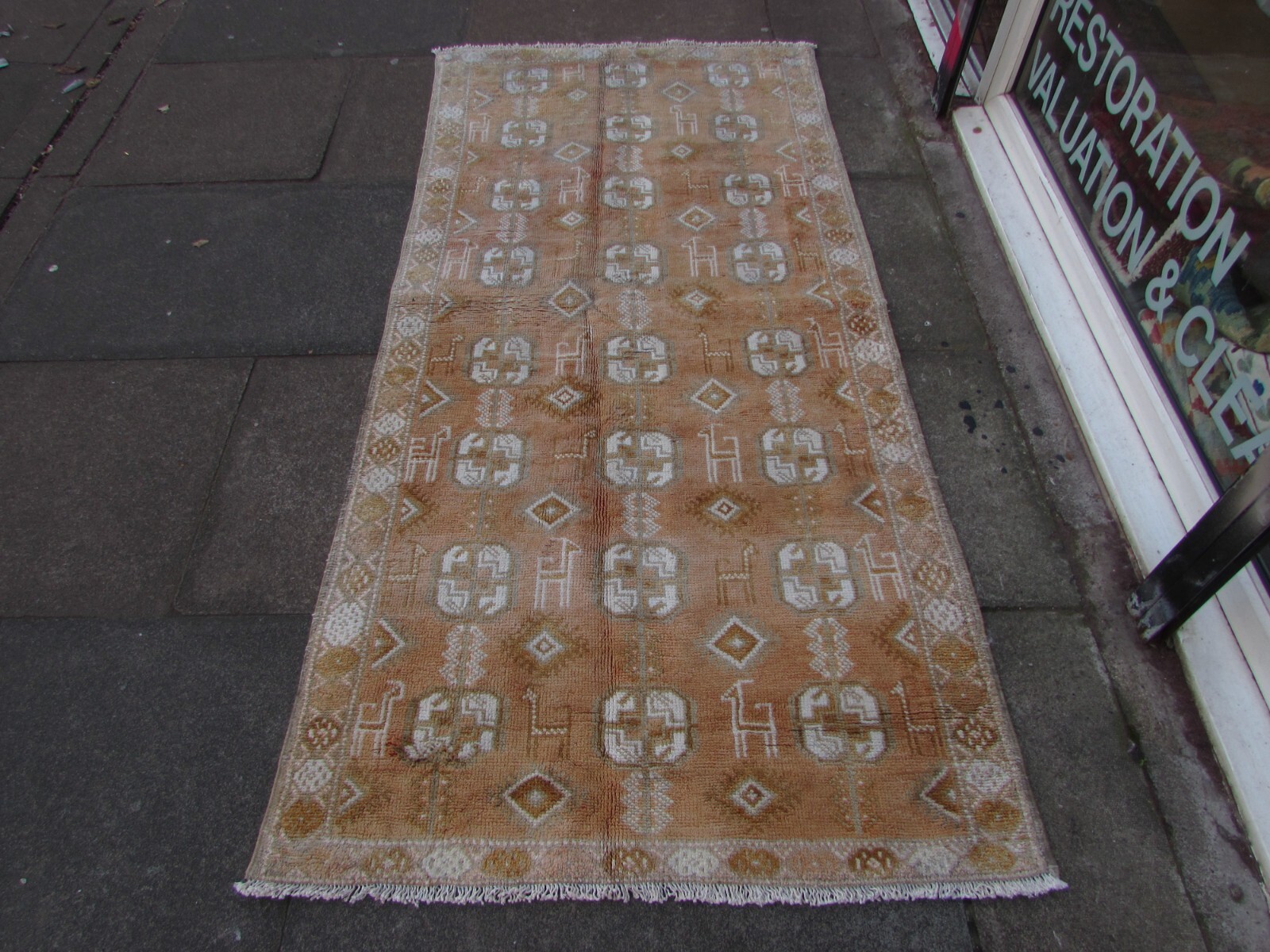 Vintage Hand Made Traditional Oriental Wool Cotton Beige Rug 224x105cm gallery