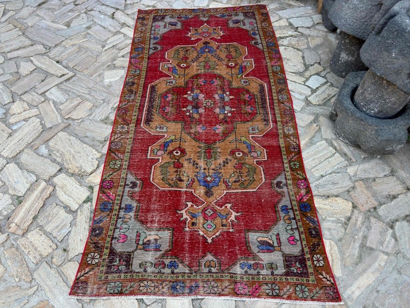 Handmade Vintage Area Rug 4x8 Red Cotton Distressed Carpet Medium Size Anatolian gallery
