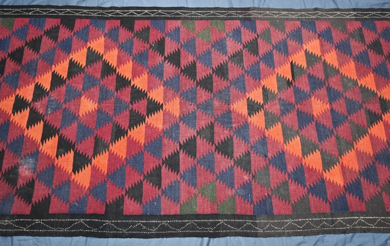 1940s Antique Afghan Geometric Kilim Rug 4x12 ft Handwoven Faded Wide Runner Rug gallery