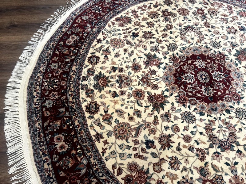 Round Sino Per'sian Rug 8x8, Wool and Silk, Floral Medallion, Ivory Dark Red gallery