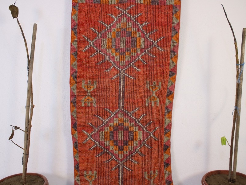 Vintage Hand Knotted Long Runner Rug Orange Teal Distressed Floral 2.6x9.7 ft gallery