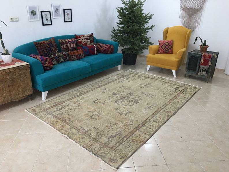 Faded Antique Persian Bohemian Oushak Area Rug Handknotted 5.7x8.7ft, 174x265cm gallery