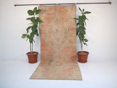 Vintage Hand Knotted Wide Runner Rug Pink Beige Distressed Oushak Style 4×10 ft