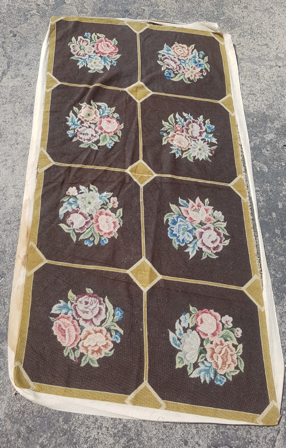 Vintage Handmade French Floral Needlepoint Rug Wool 161x82 cm gallery