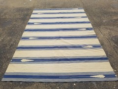 Vintage Traditional Handmade Blue & White Striped Dhurrie Wool Kilim 10.2×6.4ft