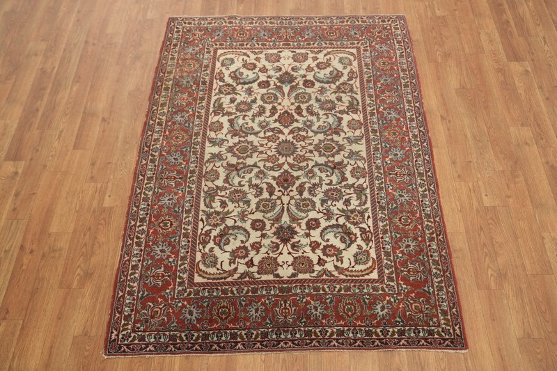 Fine Pre-1900 4x5 Antique Traditional Wool Floral Area Rug in Red & Ivory Tones gallery