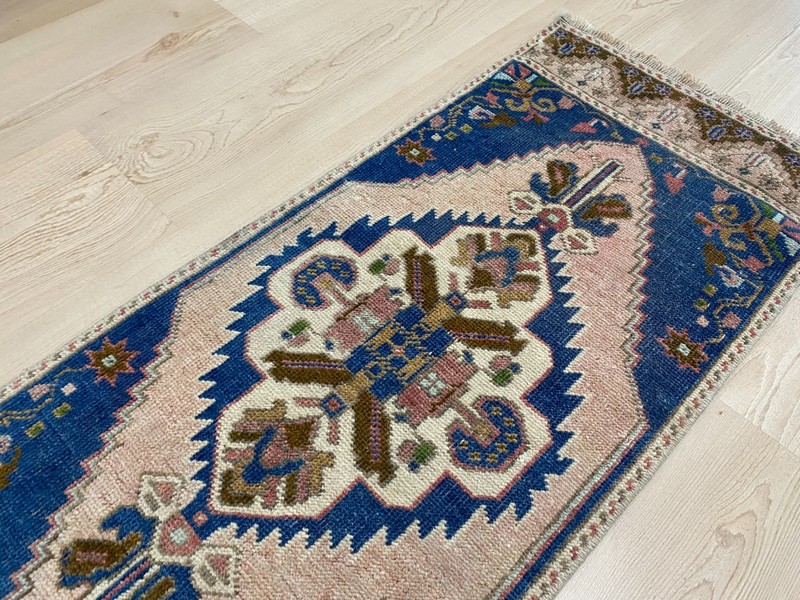 Narrow Turkish Small Rug 1.3 x 3.2 ft Vintage Wool Hallway Boho Carpet gallery