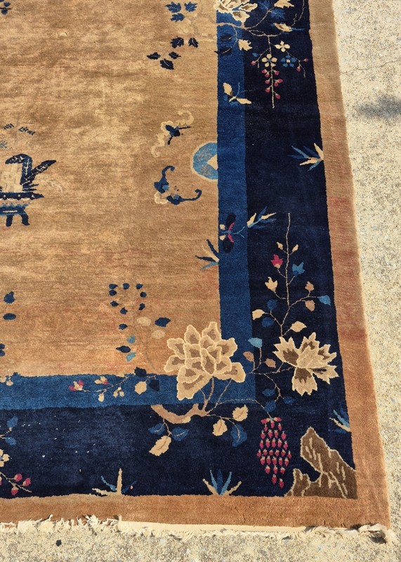 1920s Nichols Style Chinese Art Deco Wool Rug Blue & Tan Floral 9x12 gallery