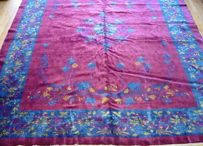 Antique Chinese Art Deco Peking Hand Knotted Wool Blue Red Oriental Rug 9'x11'6" gallery