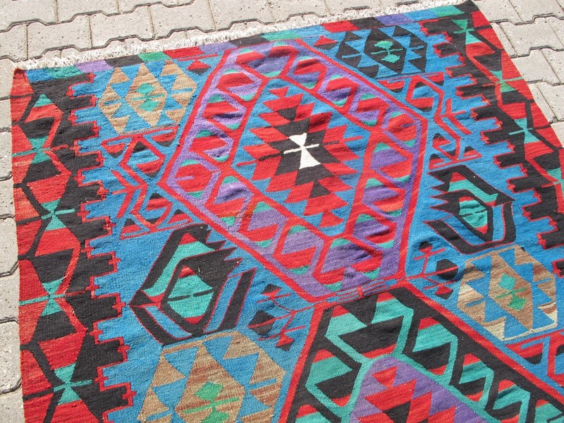 Vintage Turkish Kilim Rug Blue Handmade wool Vibrant Turquoise 1970s Rug Carpet gallery