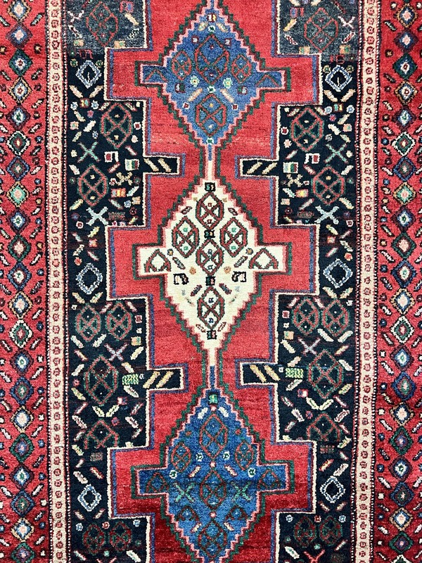Kurdish Senneh Runner Rug 3x9 Red Navy Blue Medallions Wool Oriental Tribal Rug gallery