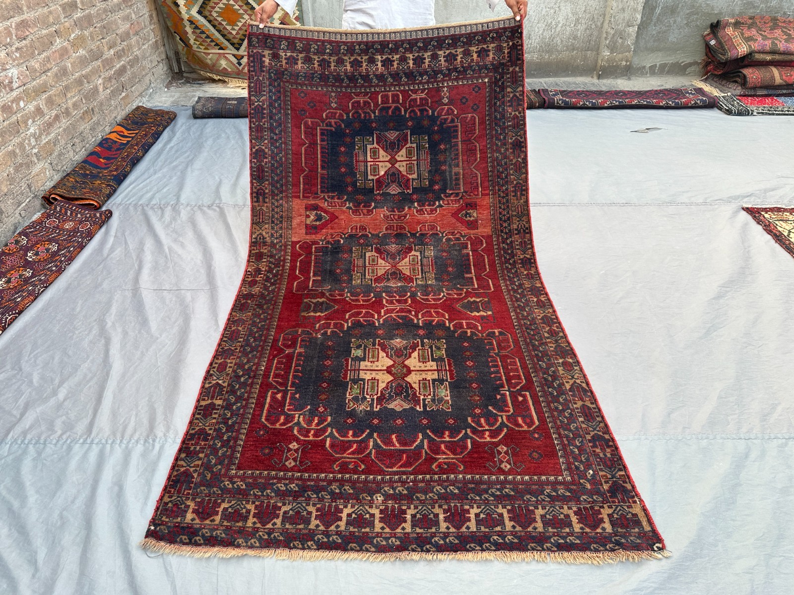 4' x 7'7" Low Pile Antique Afghan Baluchi Hand-Knotted Rug, Tribal Geometric Rug gallery