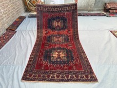 4′ x 7’7″ Low Pile Antique Afghan Baluchi Hand-Knotted Rug, Tribal Geometric Rug