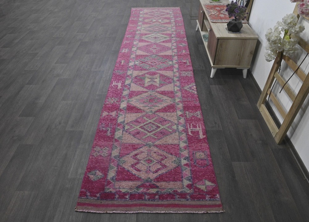 Vintage Turkish Runner Rug 3x13ft PINK Handmade Anatolian Oushak Hallway Wool