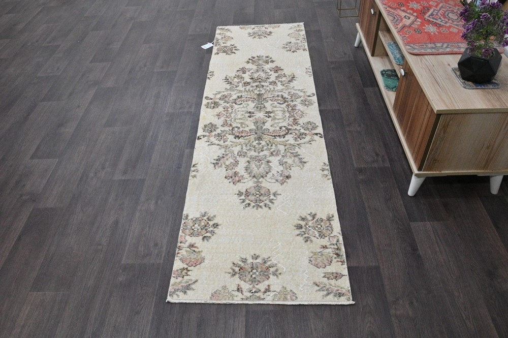 Vintage Turkish Runner Rug 2x7ft BEIGE Handmade Anatolian Oushak Hallway Wool