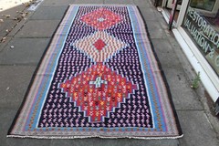Vintage Traditional Hand Made Oriental Wool Cotton Blue Long Kilim 270x132cm