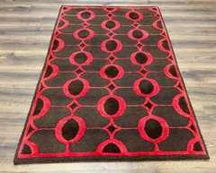 Modern Tibetan Rug 3.8 x 5.7 Raspberry Red and Dark Brown Abstract Handmade Wool