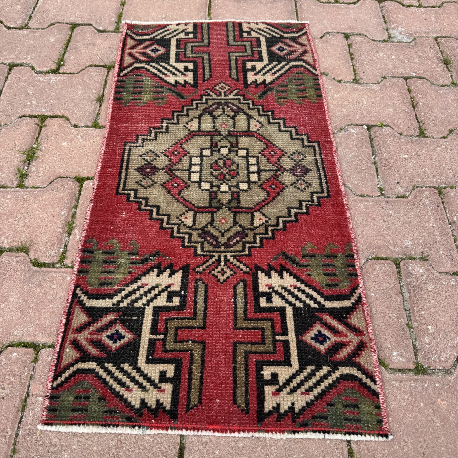 Brick Cream 1x3 Vintage Turkish Oriental Wool Rug - Tariff Free gallery