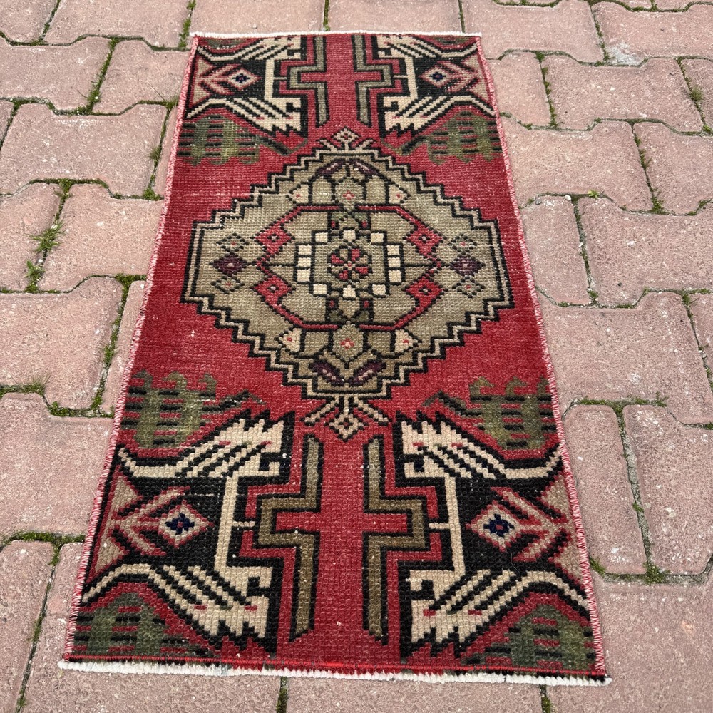 Brick Cream 1x3 Vintage Turkish Oriental Wool Rug - Tariff Free