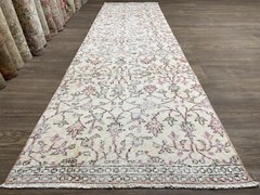 3×9 Cream Pink Handmade Turkish Runner, Bohemian Beige Vintage Oushak Runner