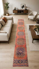 Long Red Medallion Handmade Runner, 2.1×11.9ft, Vintage Turkish Entryway Rug,
