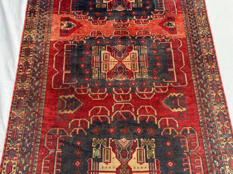 4' x 7'7" Low Pile Antique Afghan Baluchi Hand-Knotted Rug, Tribal Geometric Rug gallery