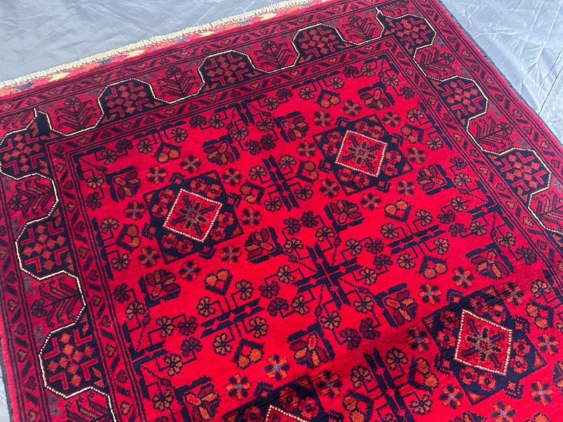 Hand Knotted Afghan Turkmen Rug Khal Mohammadi Red Geometric Moss Rug 3'7x5'2 gallery