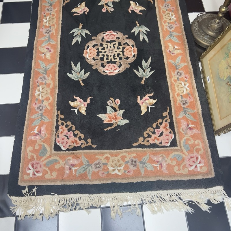 Vintage Art Deco Reproduction Chinese Wool Rug Floral Butterflies Black gallery
