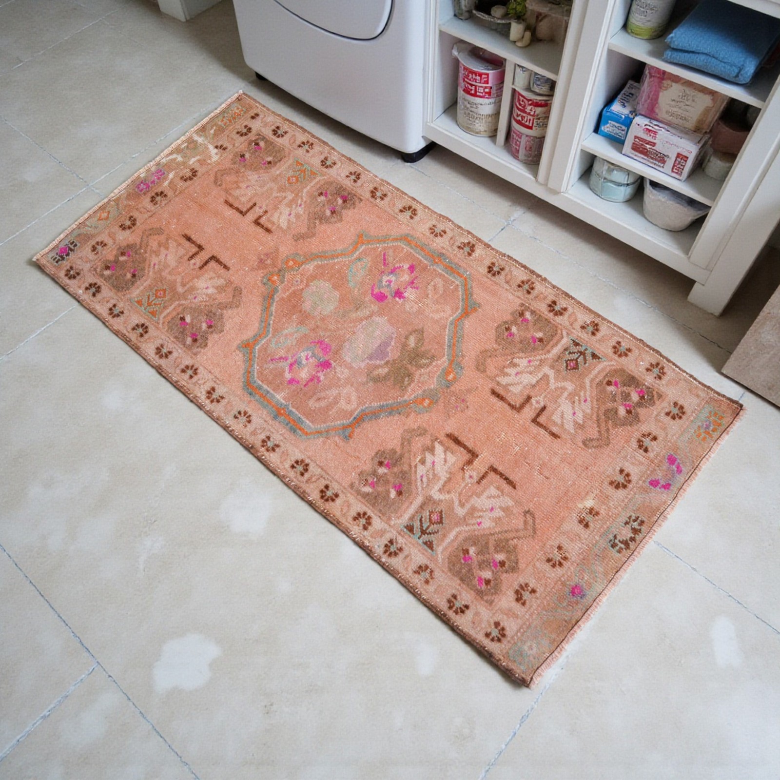 Vintage Hand-Knotted Turkish Rug Small Oushak Rug Door Mat Wool 1' 10" x 3' 10" gallery
